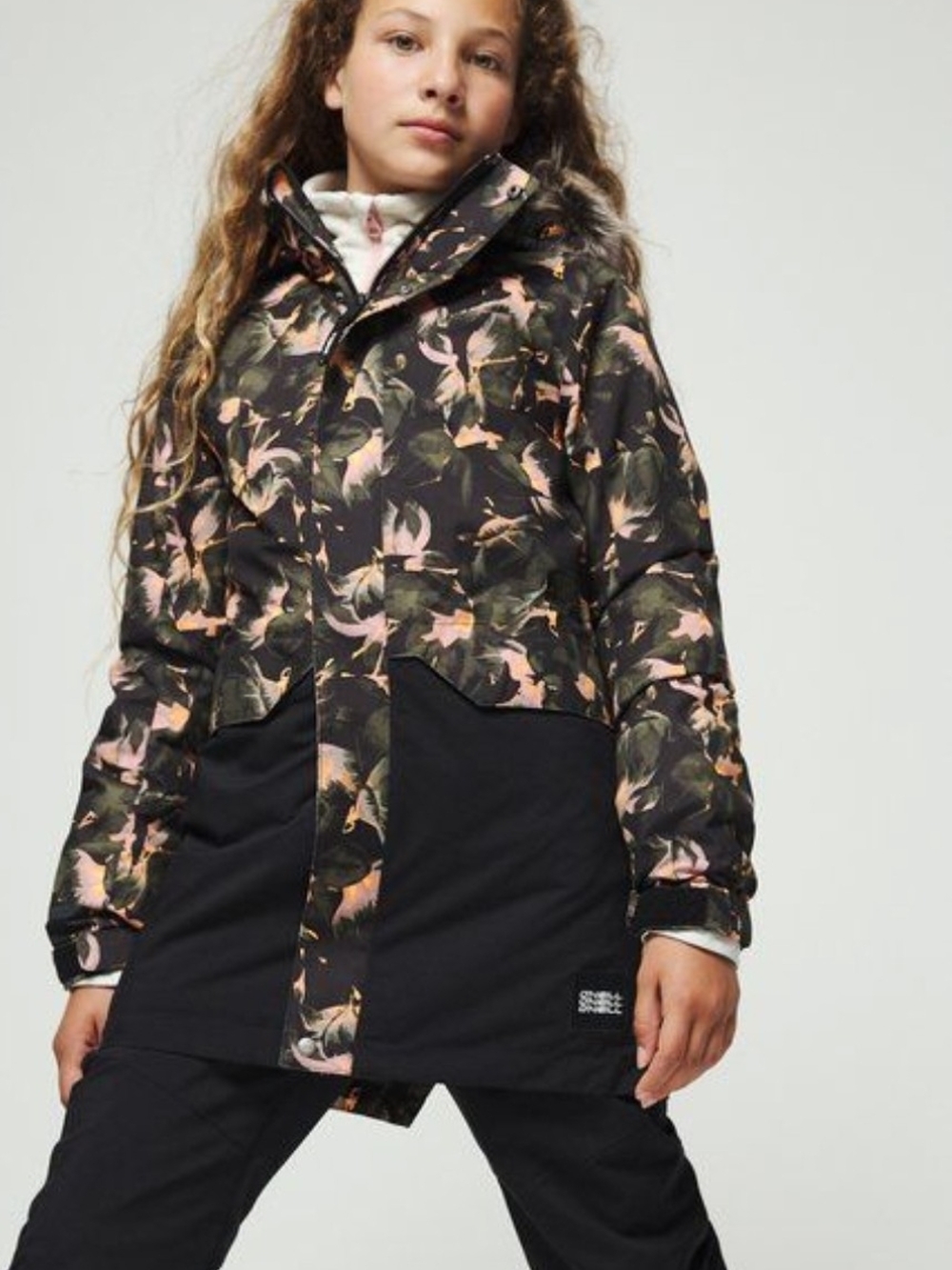 O'Neill Black Floral-Print Ski Jacket with Pink Accents